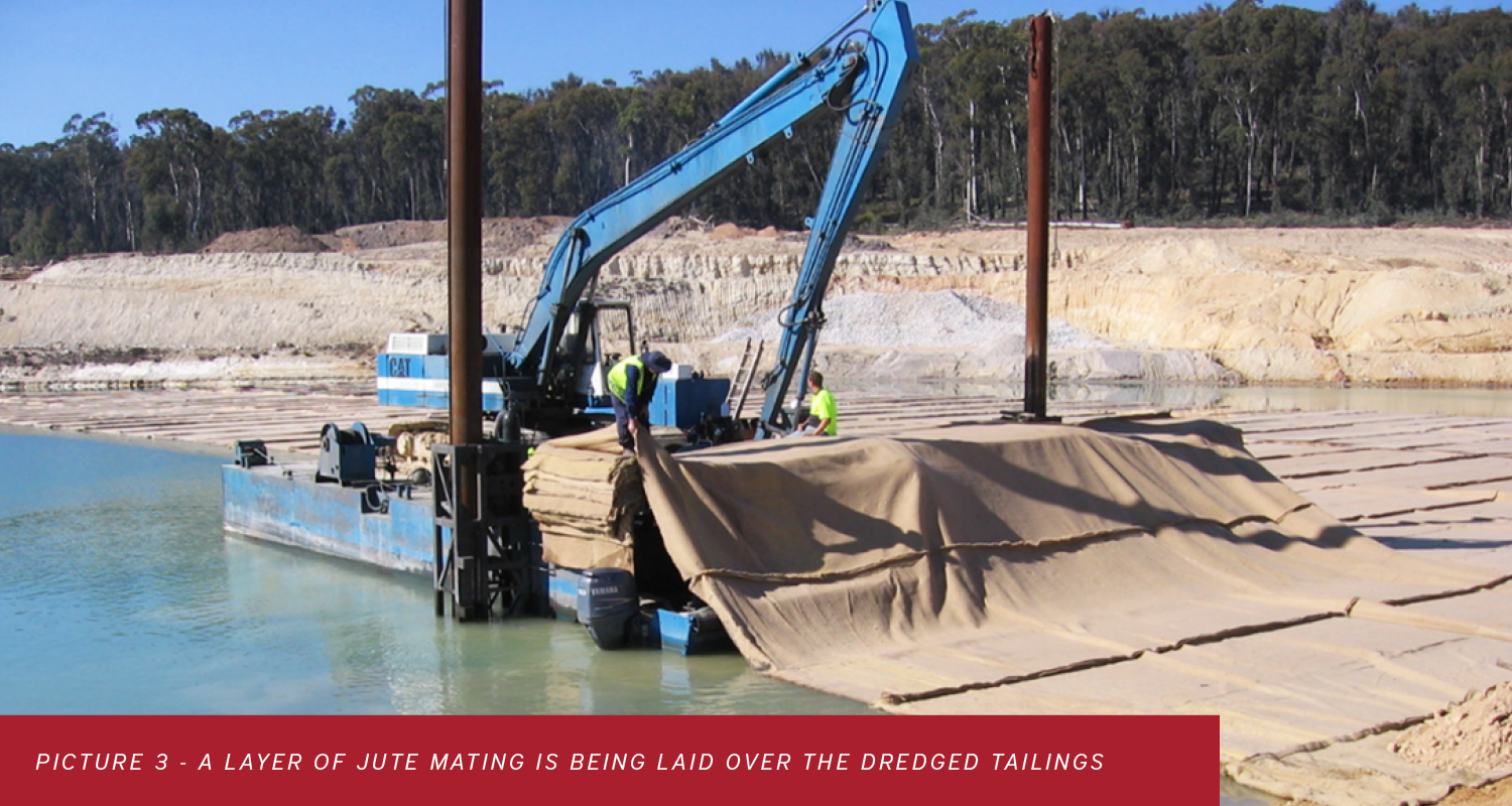 Benambra TSF, a layer of jute mating is being laid over the dredged tailings